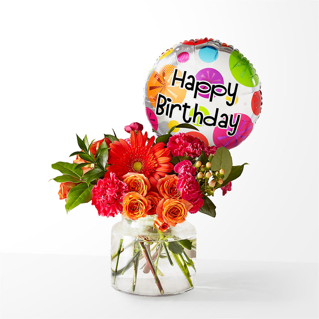 Fiesta Bouquet with Birthday Balloon – CHRISTINE'S CREATIONS FLOWER SHOP, West Haven CT