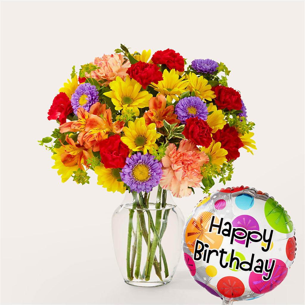 Kaleidoscope Bouquet with Birthday Balloon – CHRISTINE'S CREATIONS FLOWER SHOP, West Haven CT
