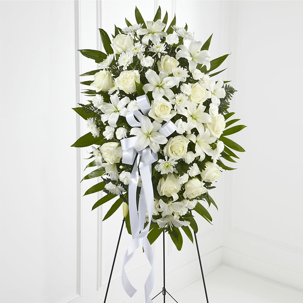 Exquisite Tribute Standing Spray-White Ribbon – CHRISTINE'S CREATIONS FLOWER SHOP, West Haven CT