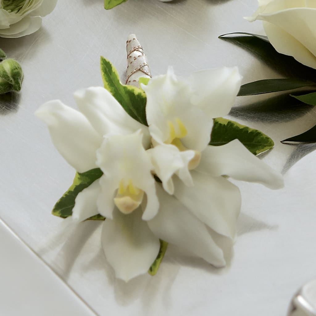 White Mini Cymbidium Boutonniere – CHRISTINE'S CREATIONS FLOWER SHOP, West Haven CT
