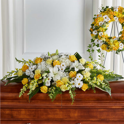 Golden Harmony Casket Spray – CHRISTINE'S CREATIONS FLOWER SHOP, West Haven CT